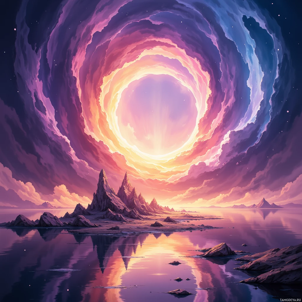 A surreal landscape featuring a glowing, swirling portal in the sky above a serene body of water and jagged rock formations.
