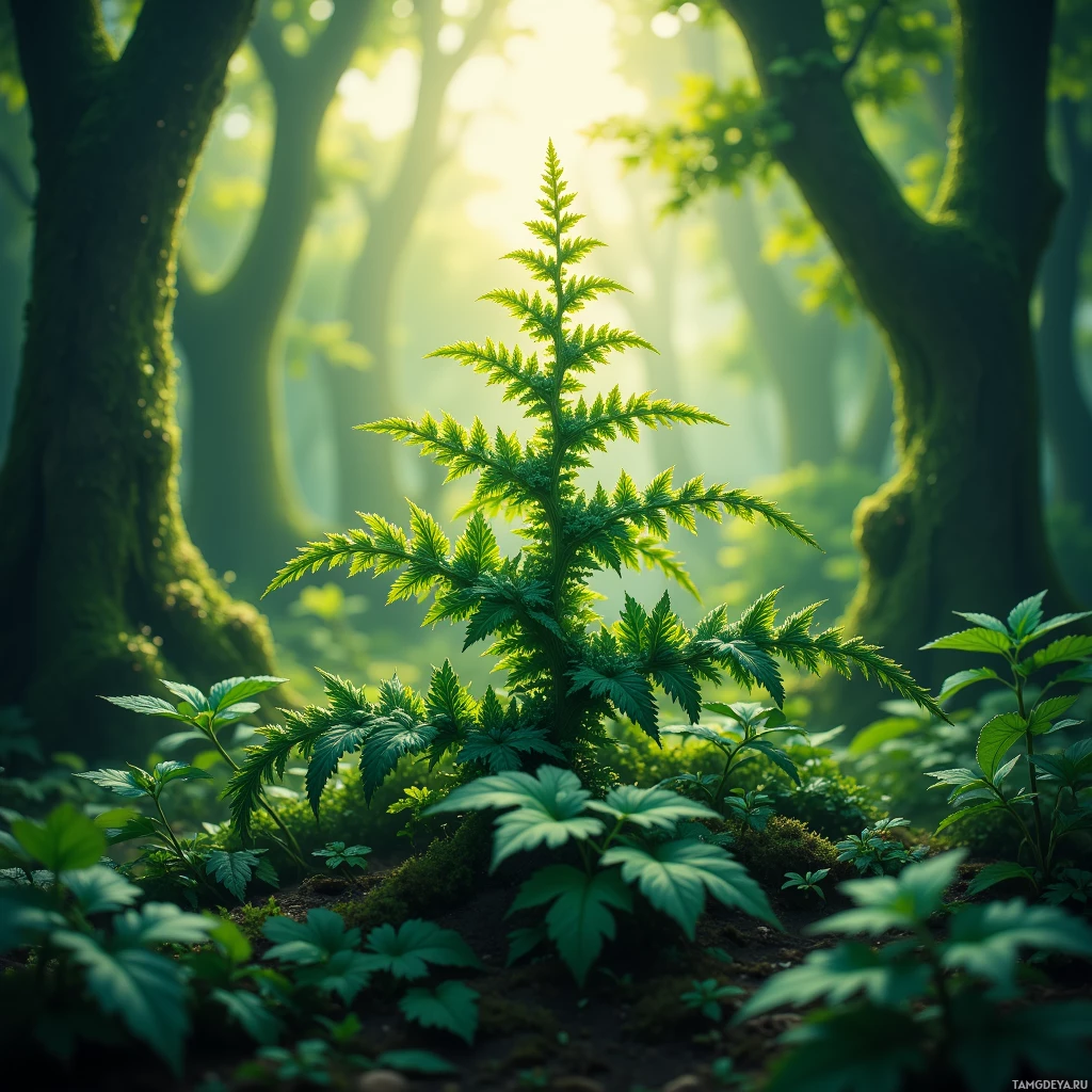 A serene forest scene with sunlight filtering through the trees, highlighting a lush green plant in the foreground.