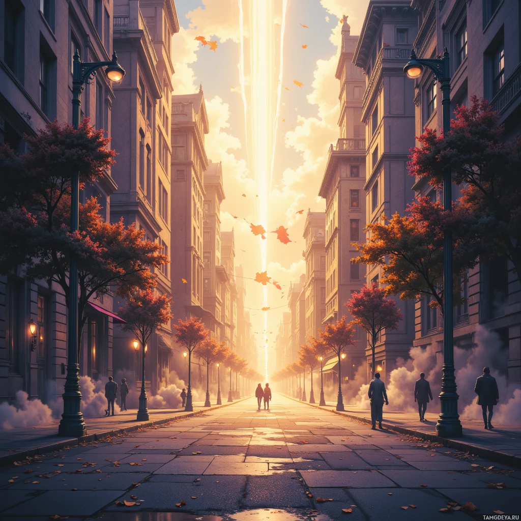 A city street lined with trees and buildings bathed in golden light, with people walking and leaves falling.