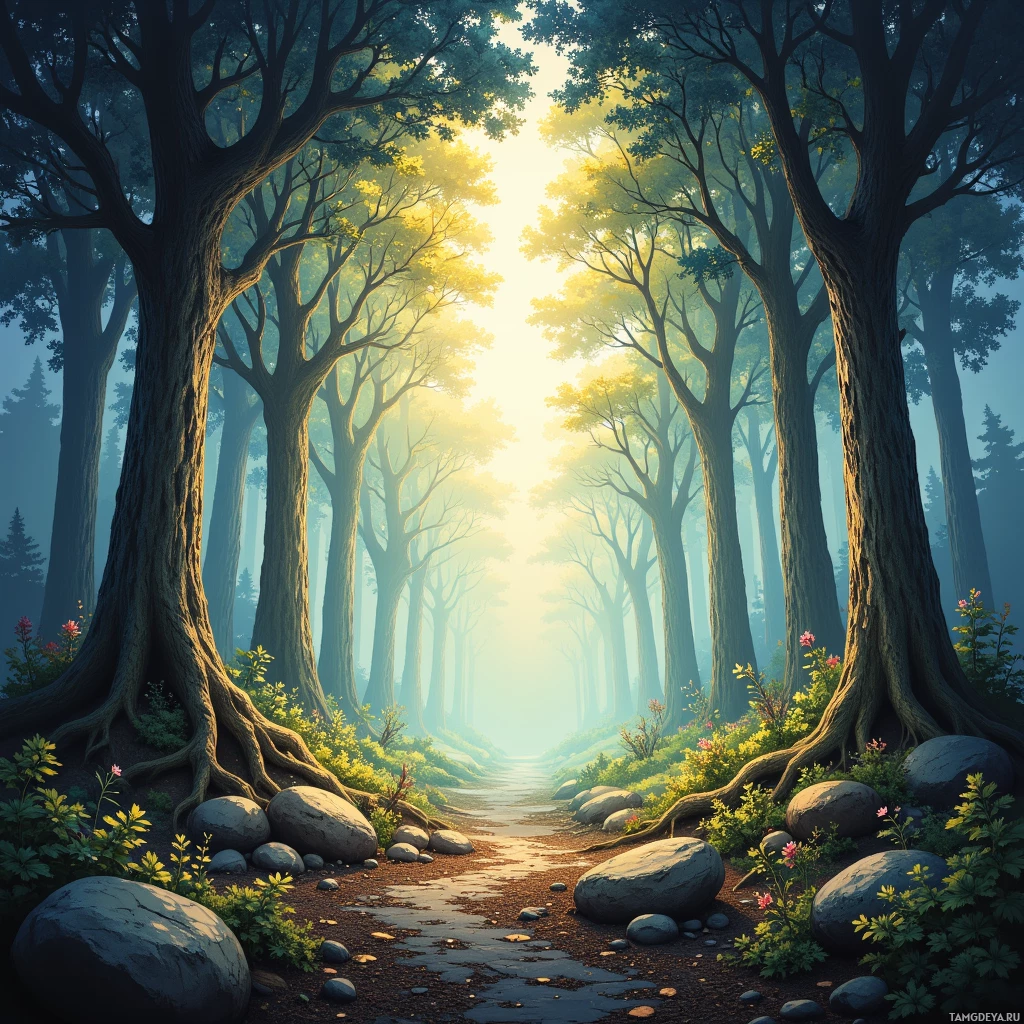 A serene forest path lined with tall trees and vibrant flowers, bathed in soft sunlight.