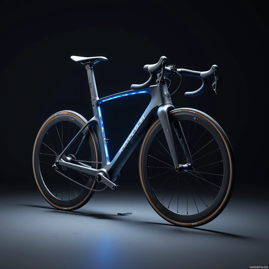 A sleek, modern road bicycle with a dark frame and glowing blue accents is displayed against a dark background.