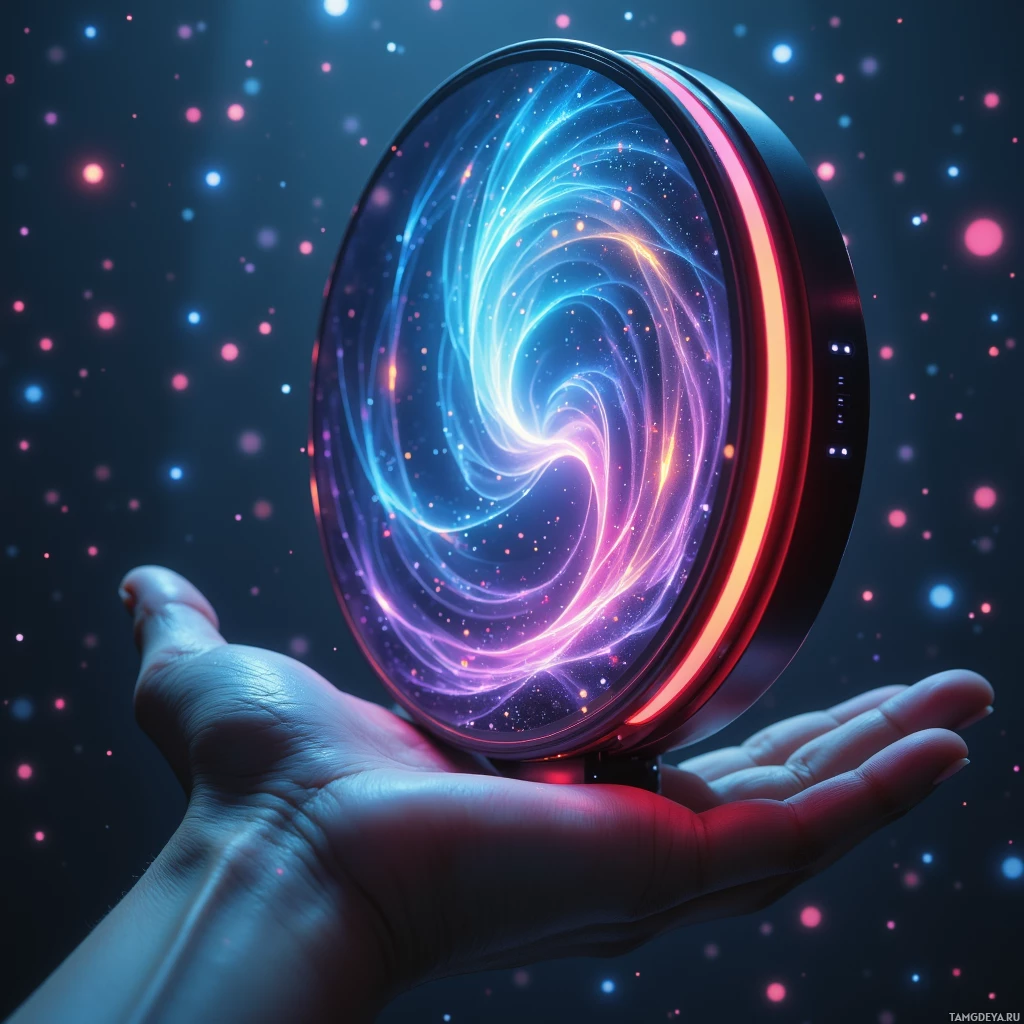 A hand holds a glowing, swirling portal against a starry background.