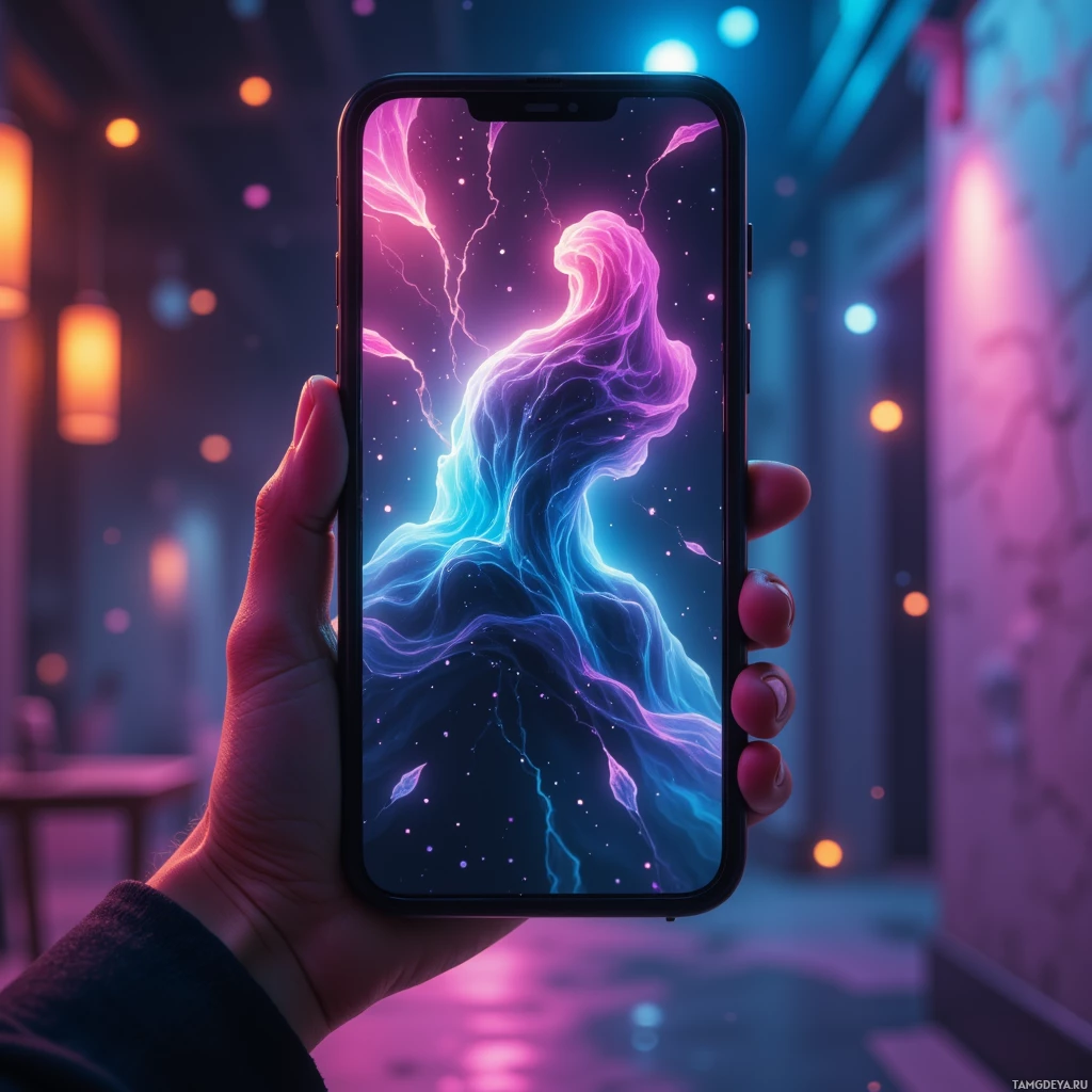 A hand holds a smartphone displaying a vibrant, abstract wallpaper with flowing lines and glowing colors.