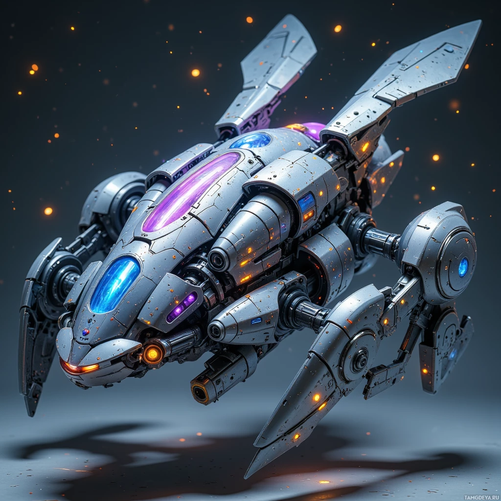 A futuristic, metallic robot with glowing blue and purple lights hovers in a dark, starry space.