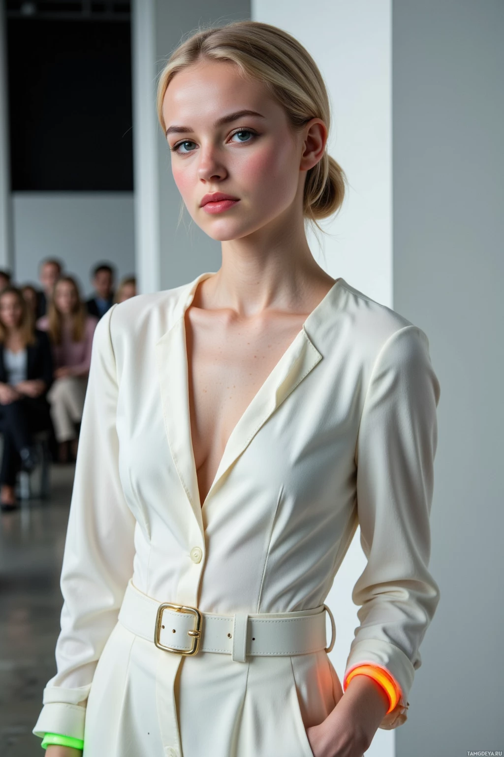 A model poses backstage at a fashion show wearing a cream-colored outfit with a belt and neon accents.