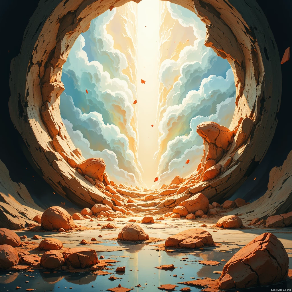 A circular opening reveals a desert landscape with rocky formations and a bright sky.