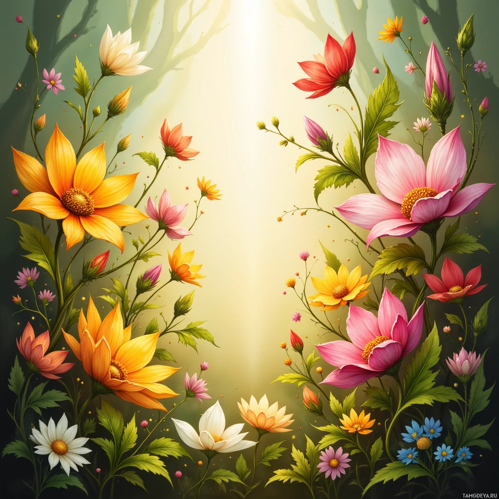 A vibrant floral arrangement featuring sunflowers, daisies, and other blossoms bathed in sunlight.