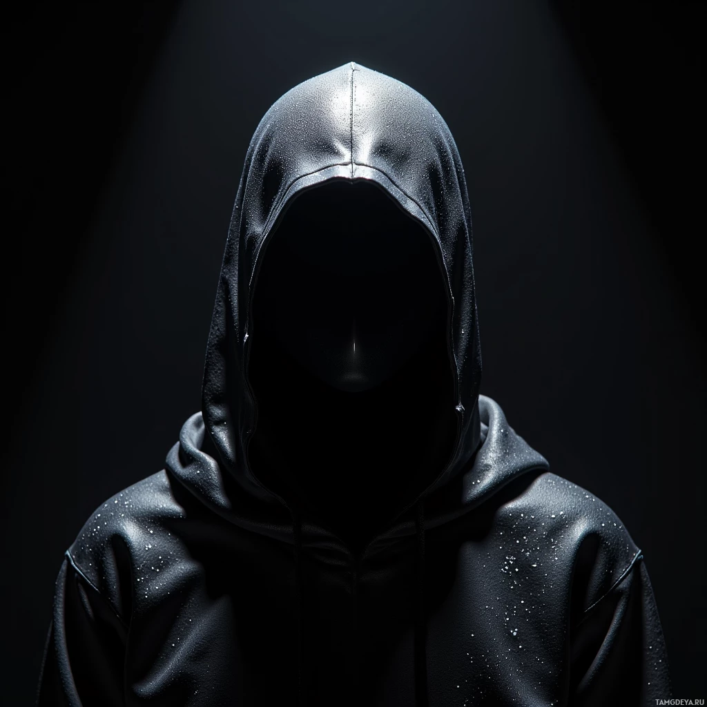 A hooded figure in a dark, reflective outfit stands against a black background.