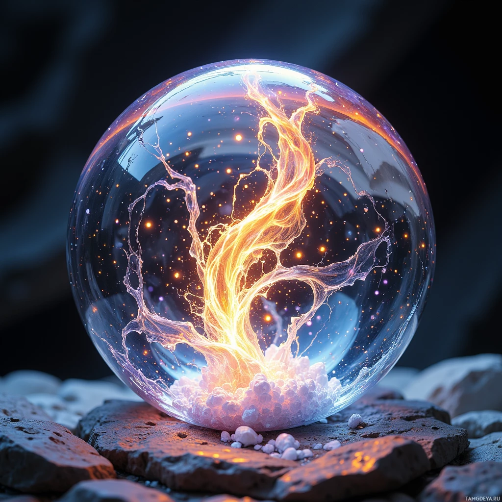 A glowing, fiery tree-like structure inside a transparent sphere resting on rocks.