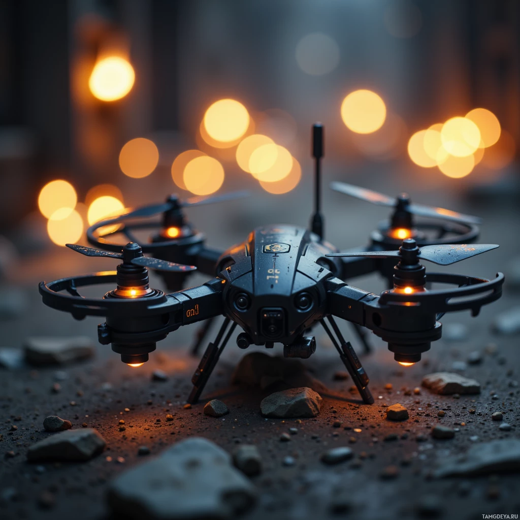 A close-up of a black drone with glowing propellers resting on a rocky surface against a bokeh-lit background.