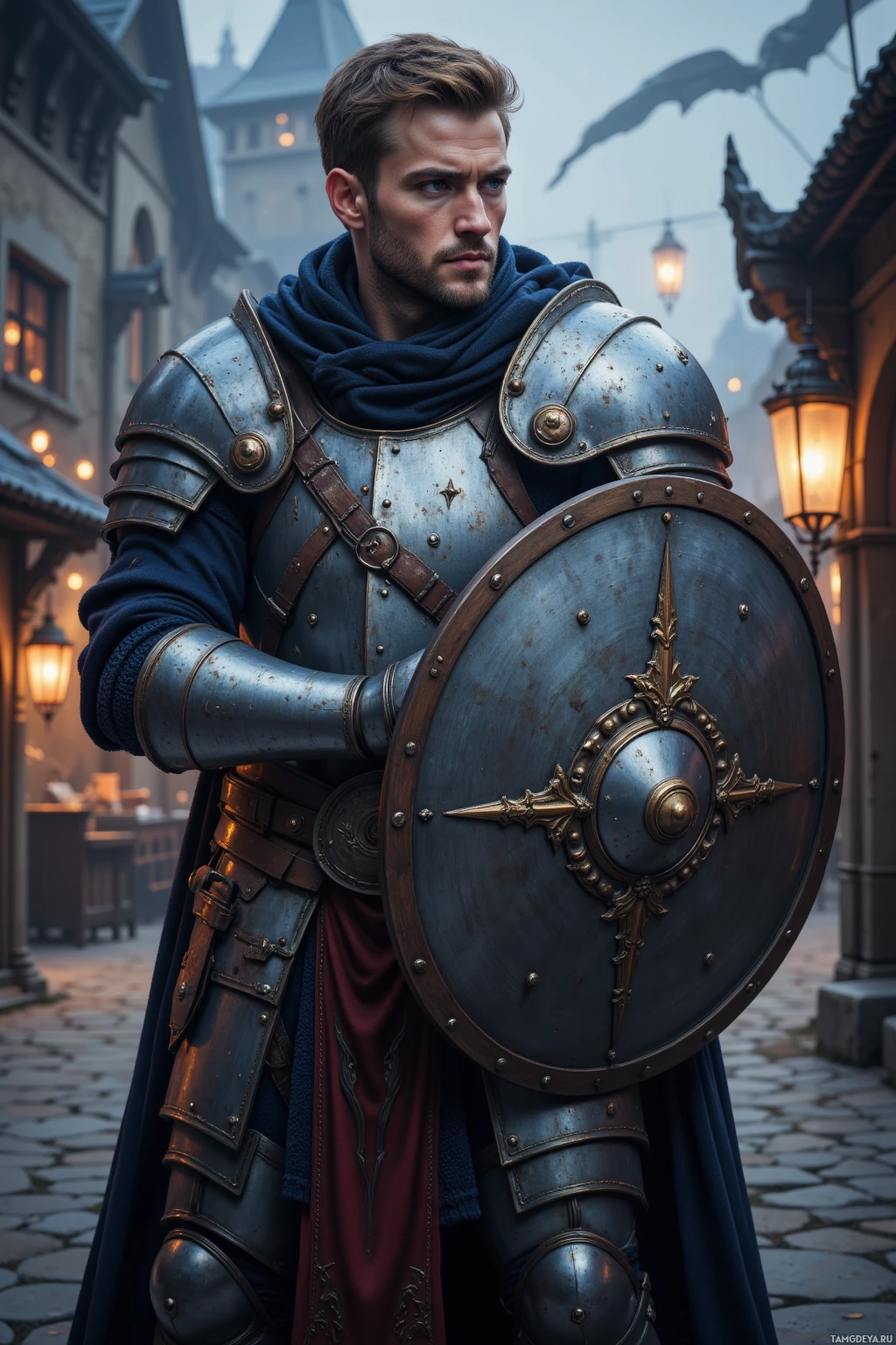 A knight in blue armor stands in a medieval town, holding a shield.