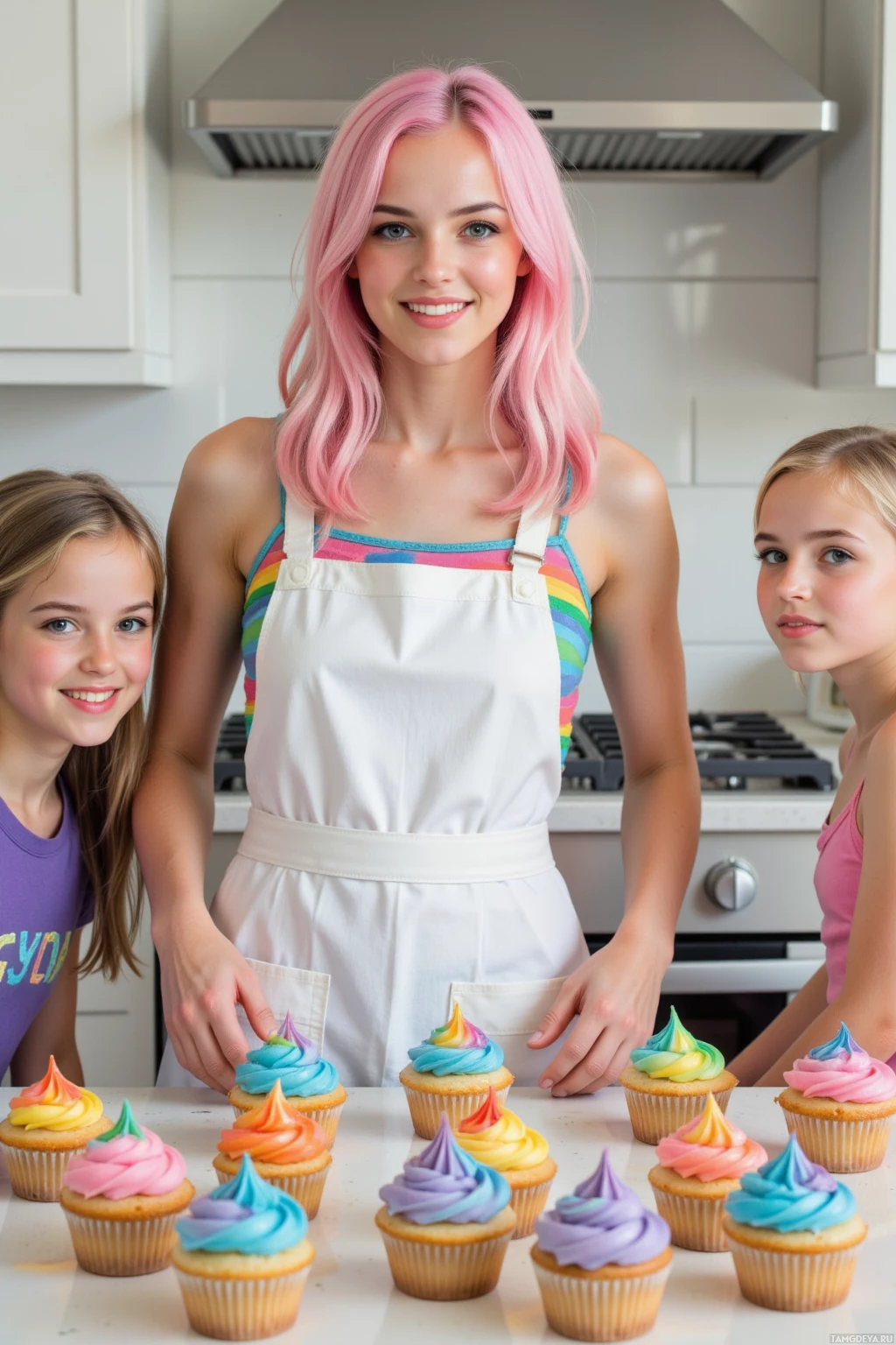 Three girls in a kitchen with colorful cupcakes.