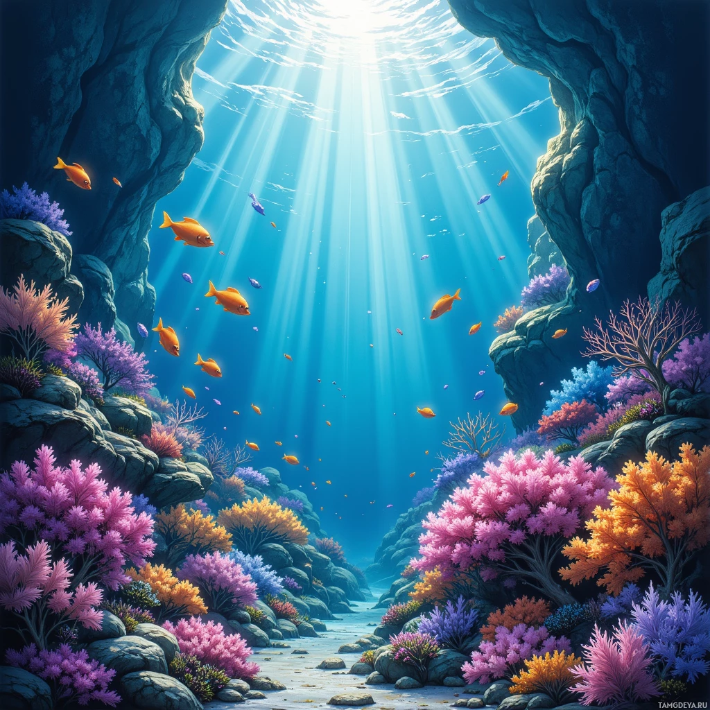 An underwater scene with colorful coral, fish, and sunlight filtering through the water.