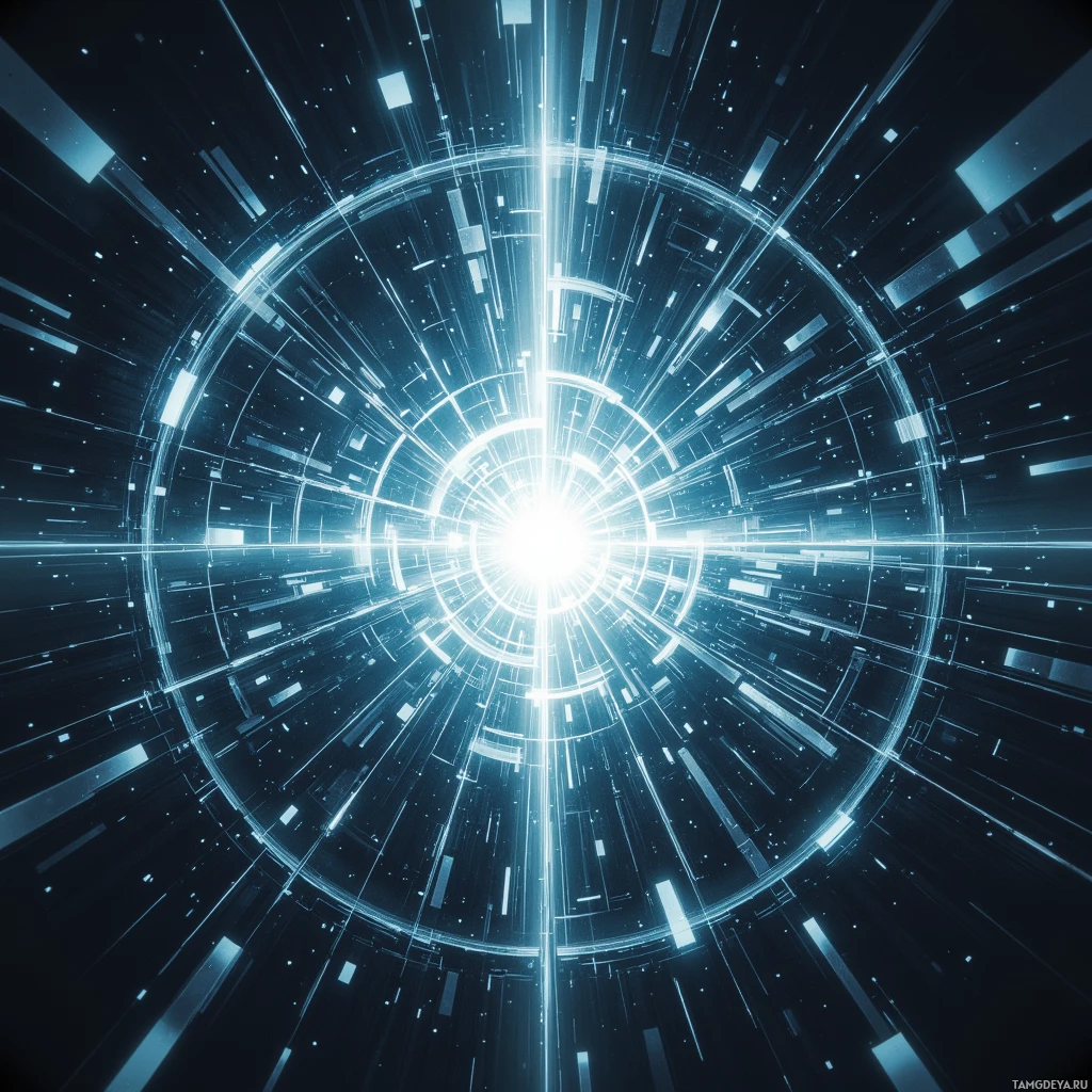 A futuristic, glowing blue circular pattern with radiating lines and particles.
