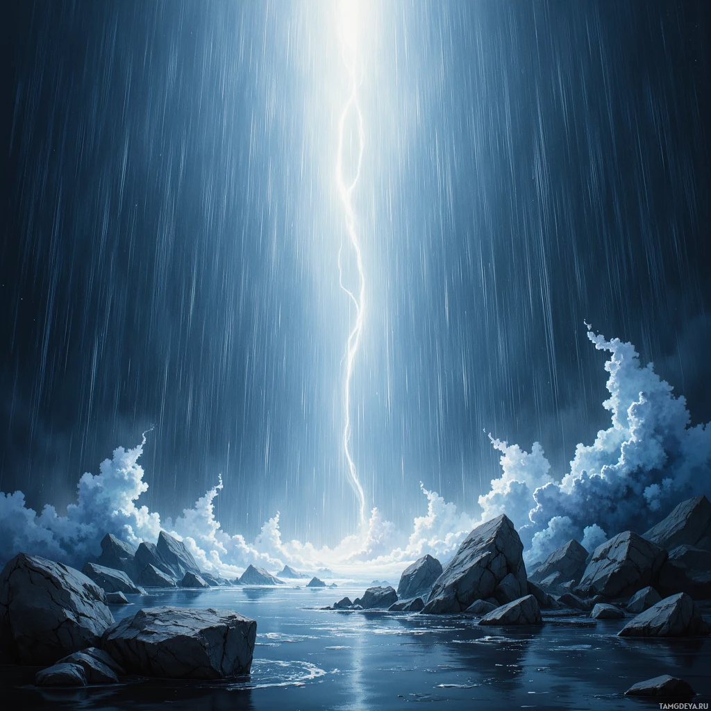 A dramatic scene of a lightning strike illuminating a dark sky over a rocky shoreline.