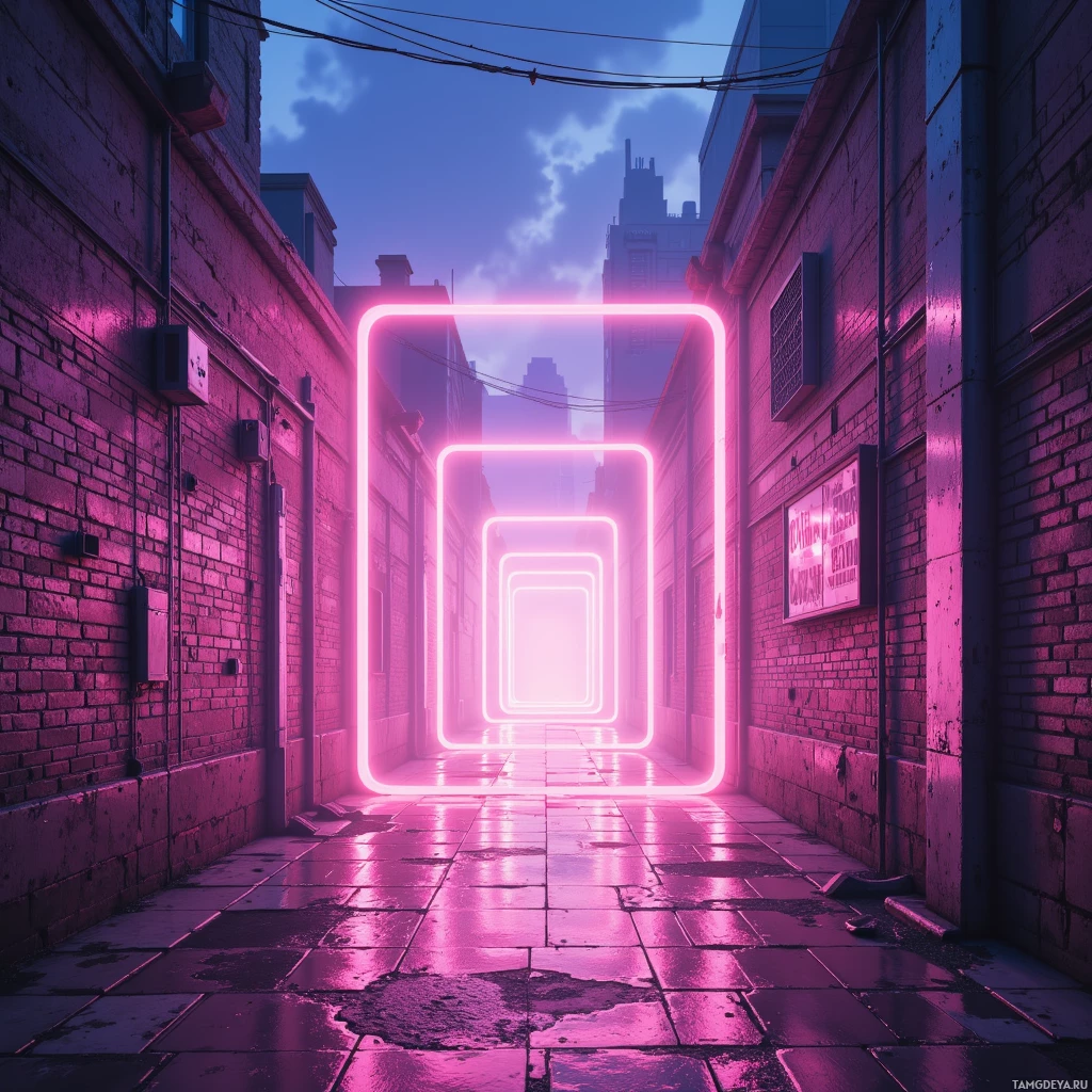 A neon-lit alleyway with a glowing rectangular frame leading into the distance.