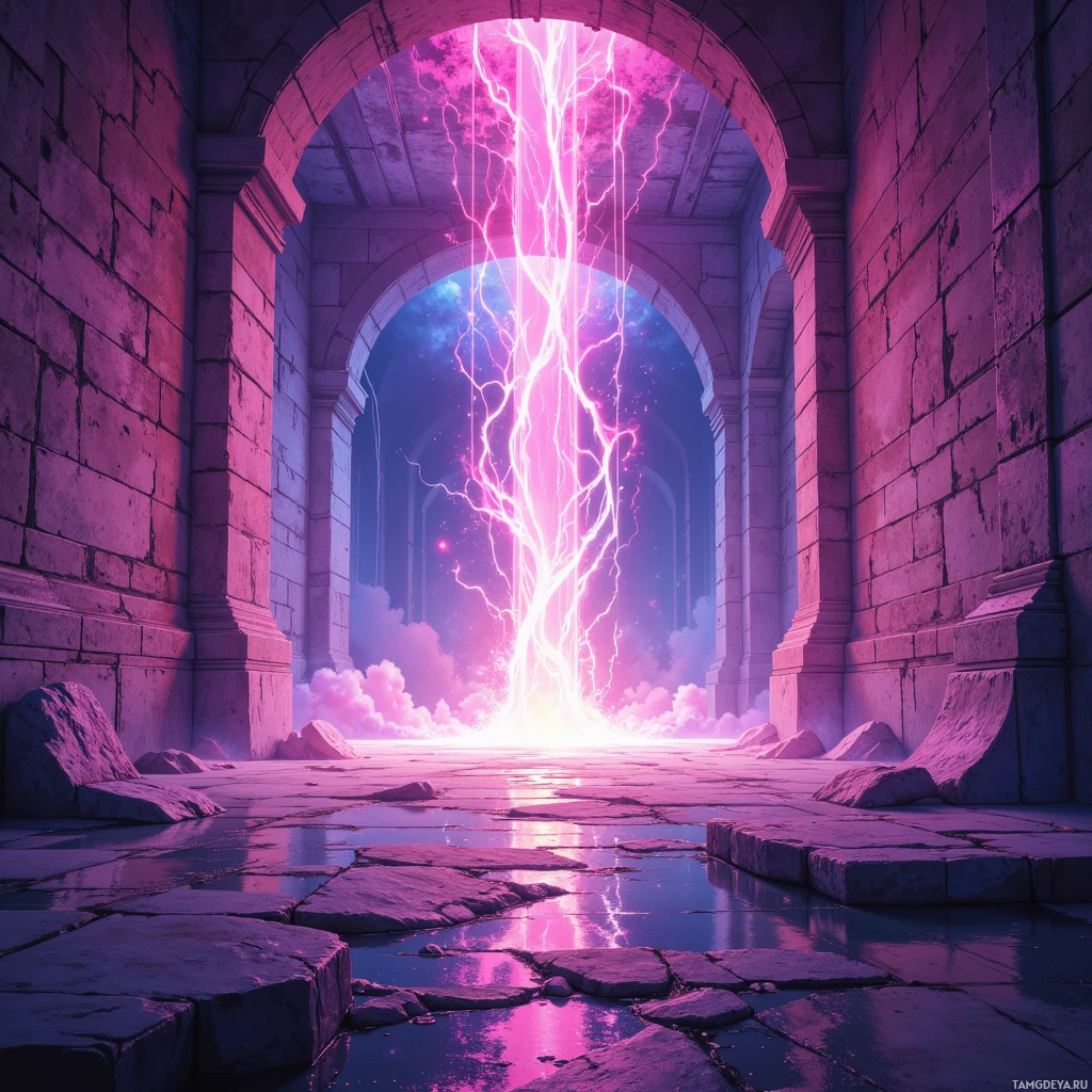 A grand stone archway leads to a glowing portal with vibrant pink and purple hues.