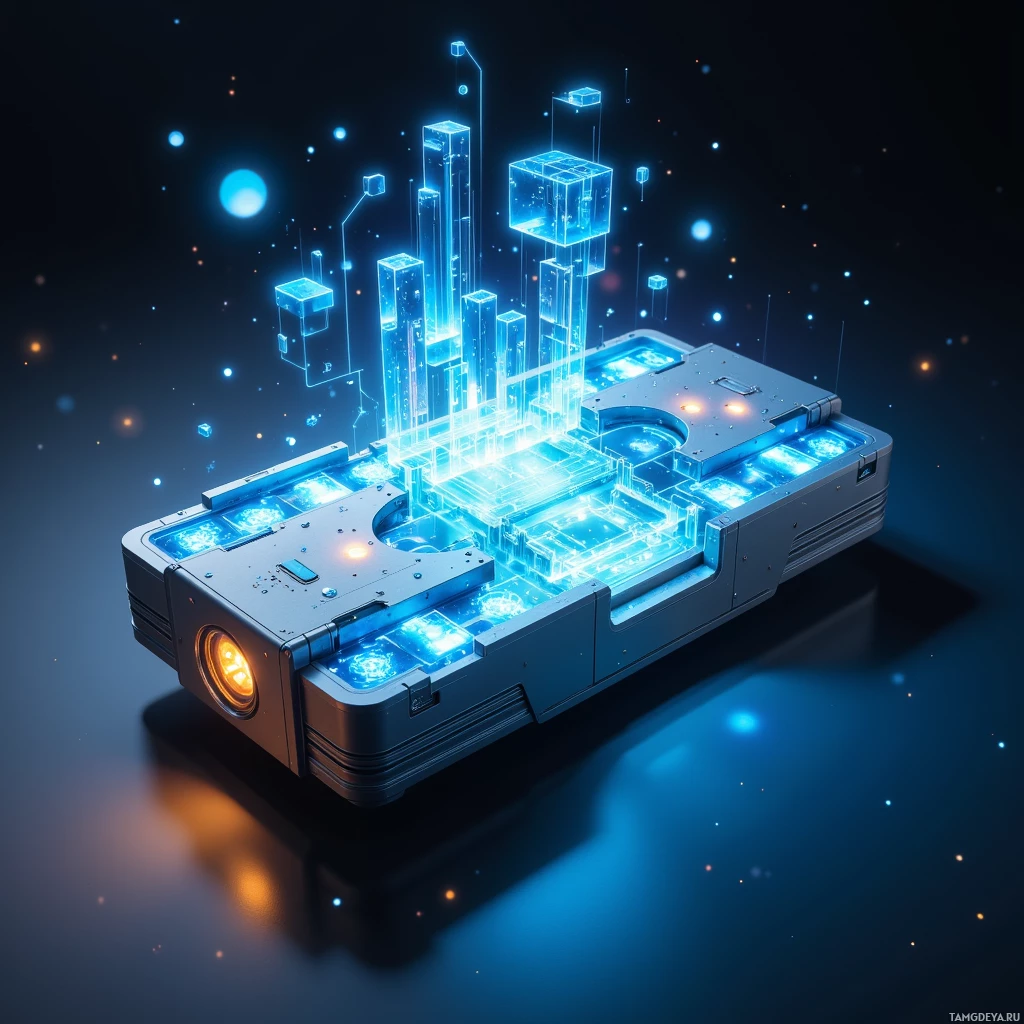 A futuristic, glowing blue device with transparent sections and glowing elements against a dark background.