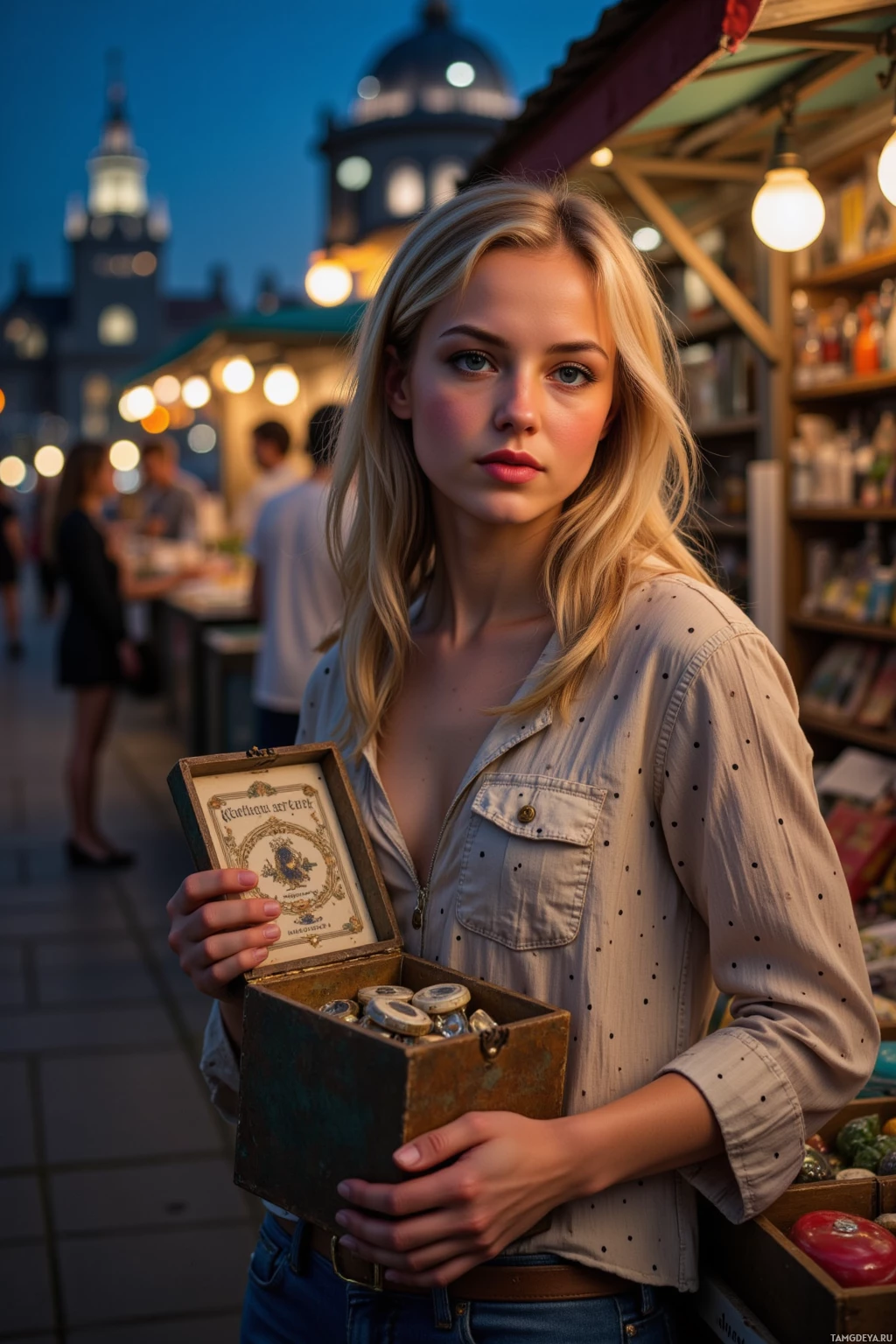 A woman holds an old box with jars inside, standing in a lively outdoor market at dusk.
