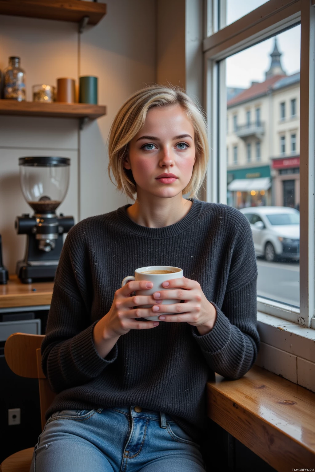 A person sits by a window in a café, holding a cup of coffee.