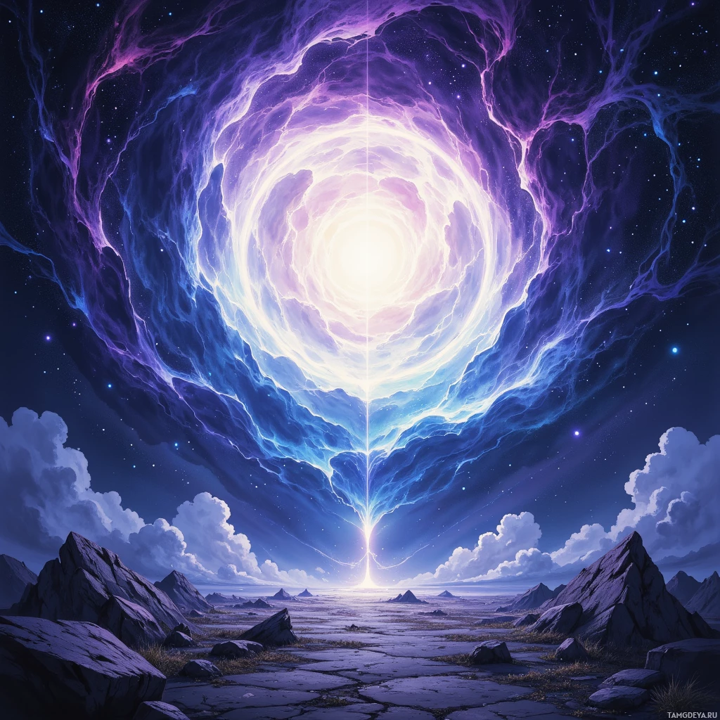A cosmic portal with swirling purple and blue energy arches over a rocky landscape under a starry night sky.
