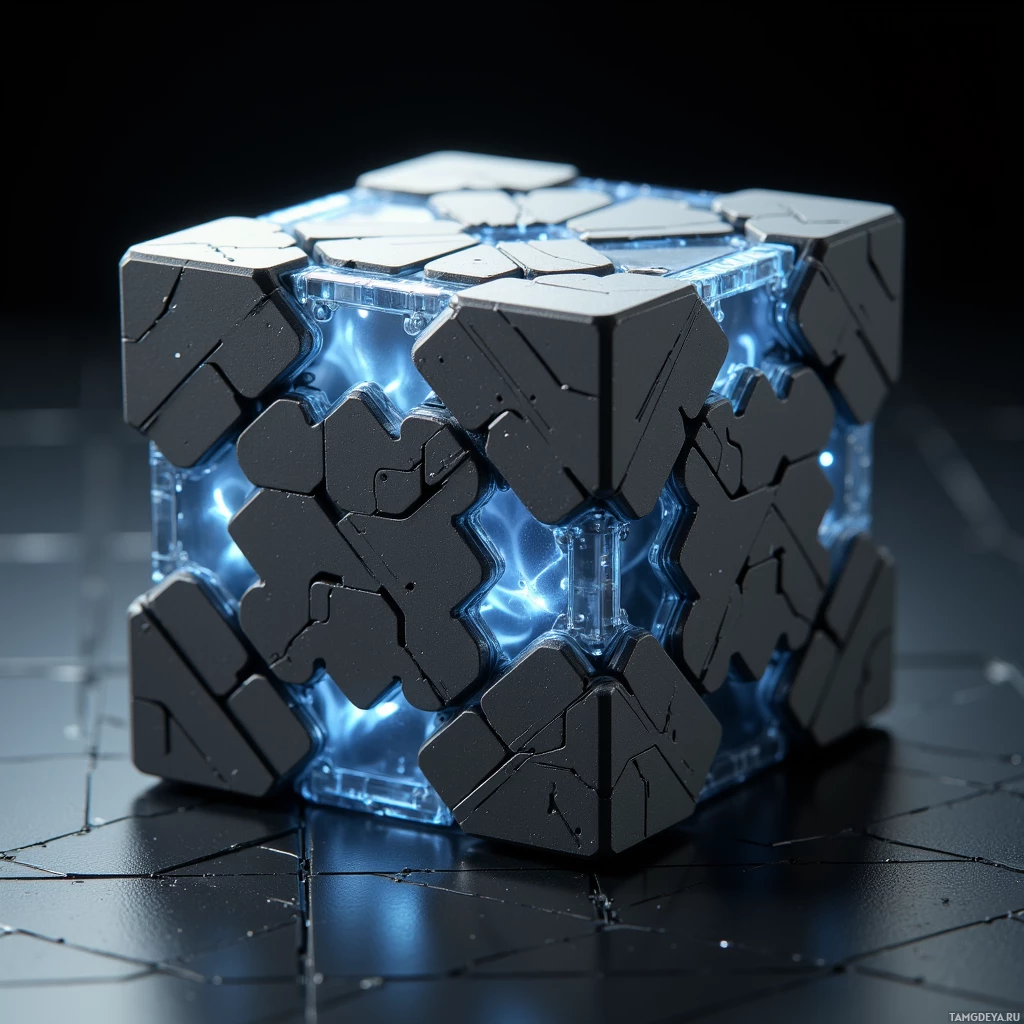 A futuristic, modular cube with a glowing blue interior and a dark, textured exterior.