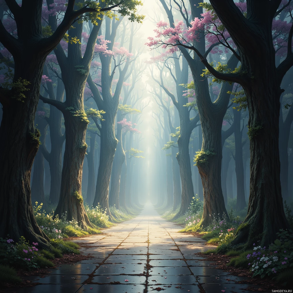 A serene forest path lined with tall trees and blooming flowers, bathed in soft sunlight.