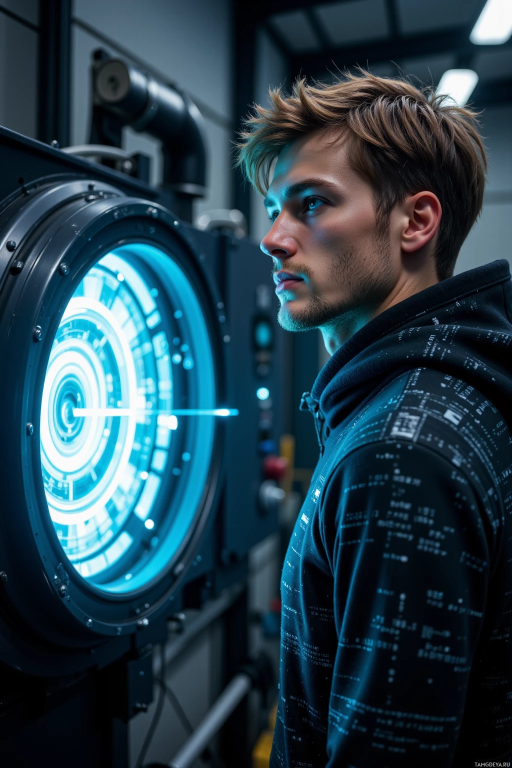 A person in a hoodie stands in front of a glowing, futuristic circular device.