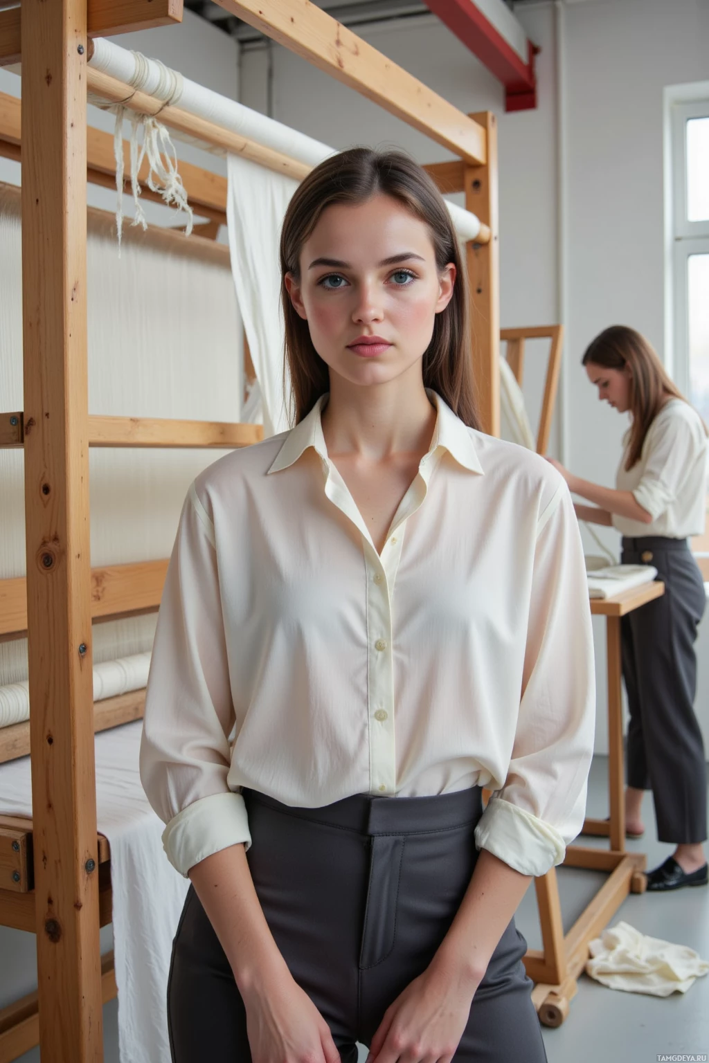 A woman stands in a workshop, wearing a white blouse and dark pants, with another person working in the background.