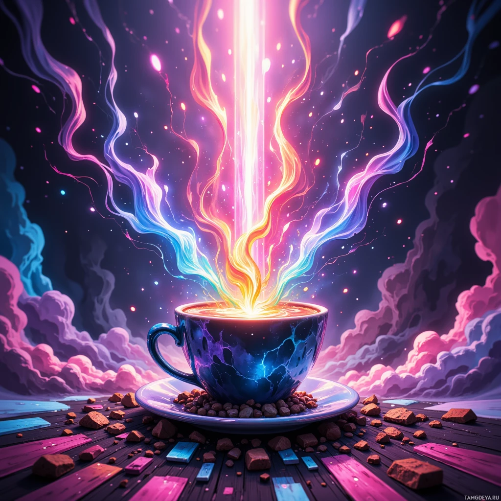 A vibrant, magical scene featuring a glowing cup with colorful, swirling energy emanating from it, set against a cosmic backdrop.
