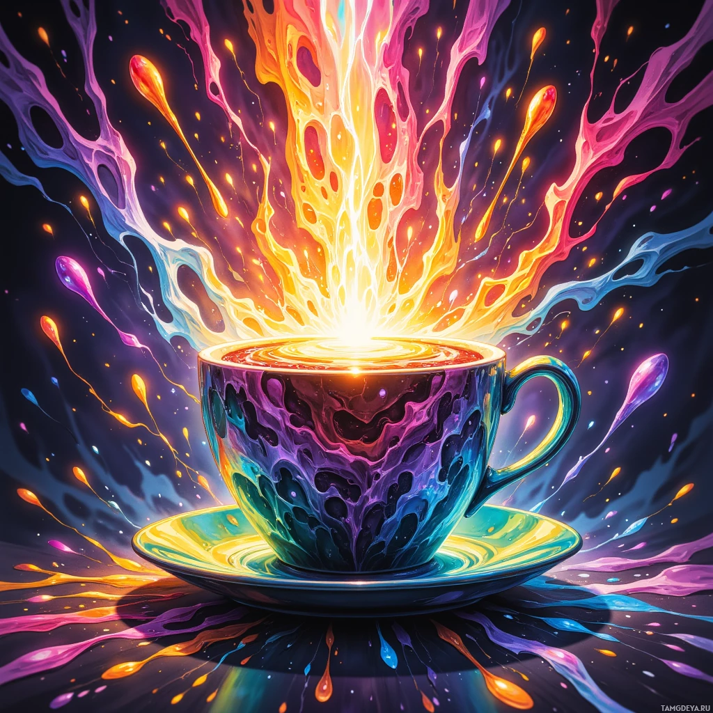 A vibrant, abstract image featuring a colorful, glowing cup with dynamic splashes and radiant energy emanating from it.