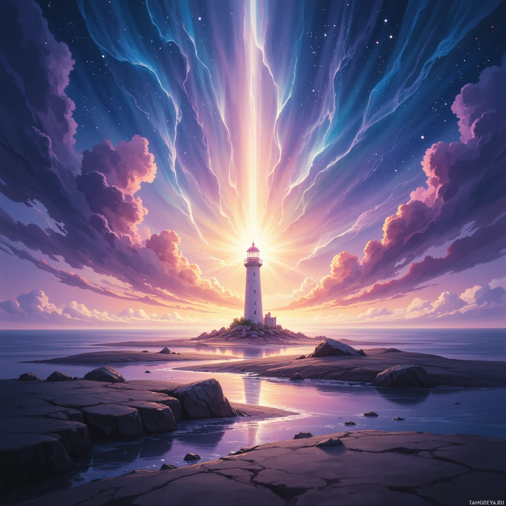 A serene coastal scene featuring a lighthouse on a rocky island under a vibrant, starry sky.