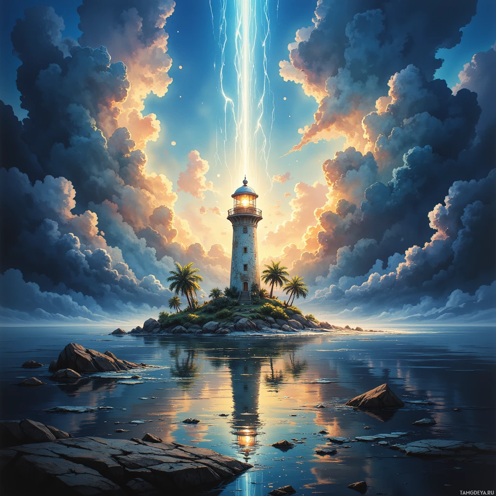 A serene lighthouse stands on a rocky island surrounded by calm waters under a dramatic sky.