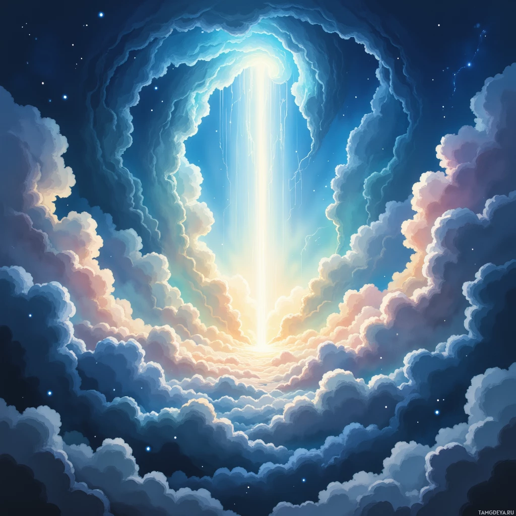 A serene night sky with a glowing light beam descending through clouds.