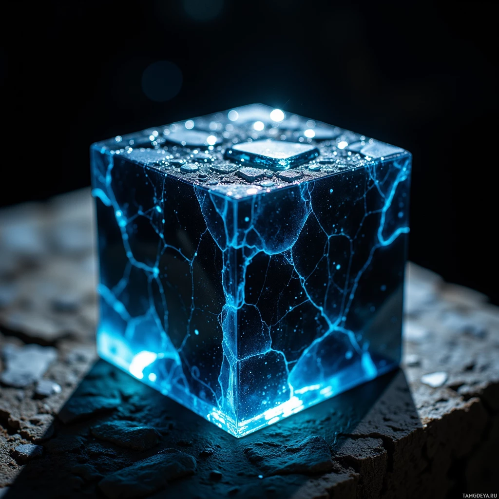 A glowing blue cube with intricate patterns sits on a rocky surface.