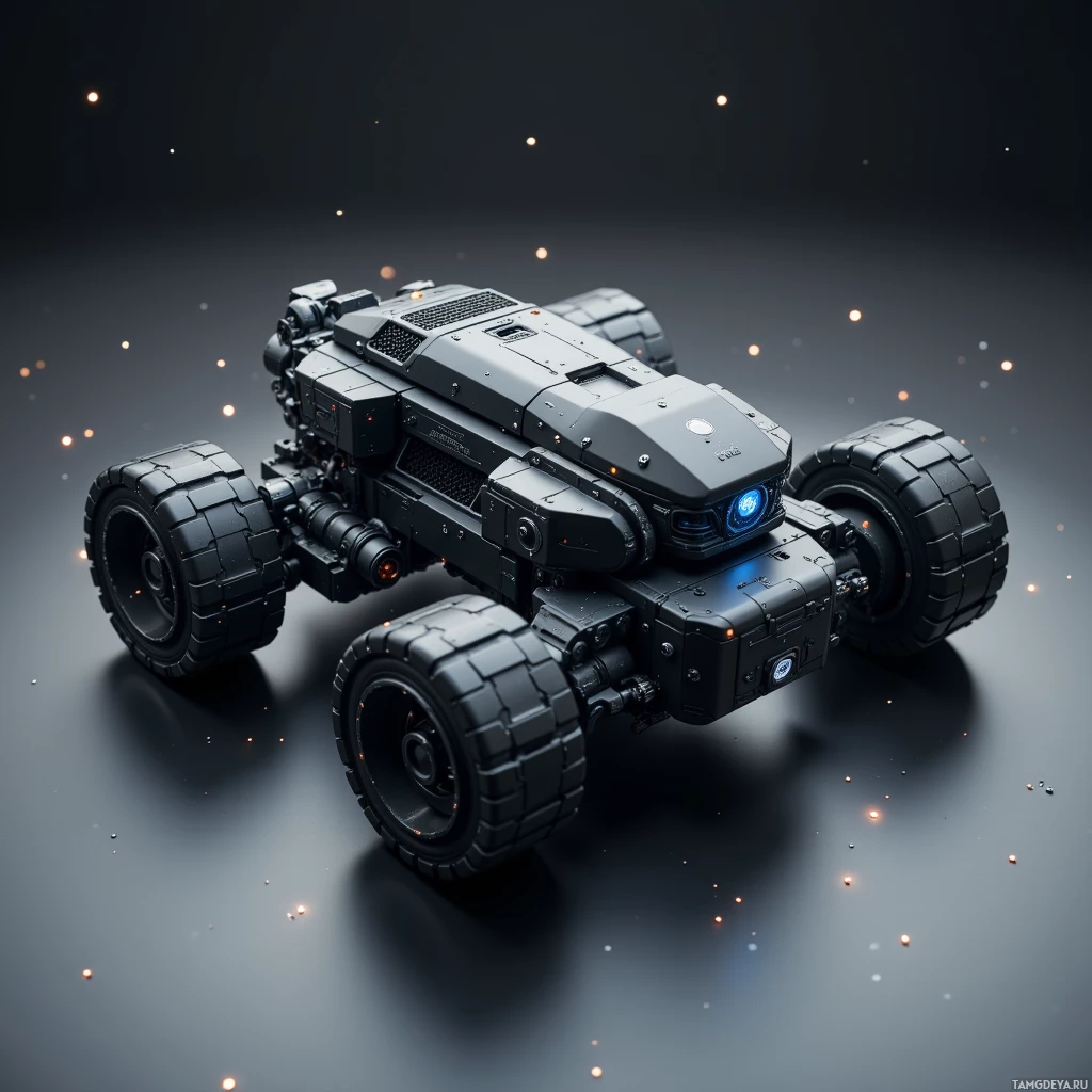 A futuristic, armored vehicle with large wheels and glowing blue lights.