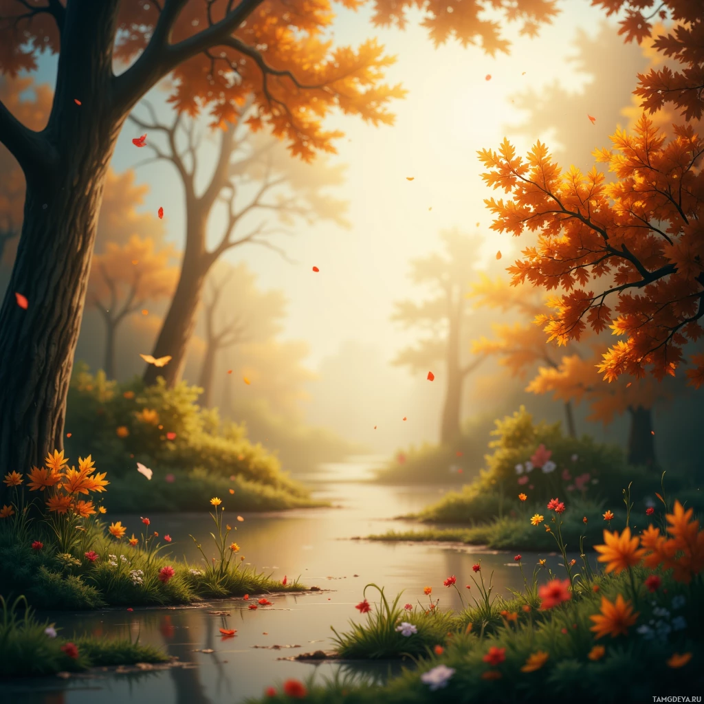 A serene autumn scene with golden leaves, a calm river, and vibrant flowers.