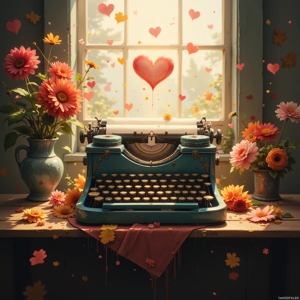 A vintage typewriter sits on a table adorned with flowers and hearts, bathed in sunlight from a window.