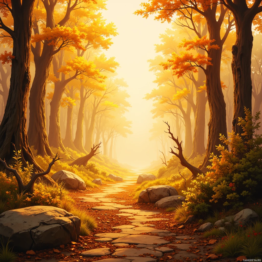 A serene forest path lined with autumn-colored trees and bathed in golden sunlight.