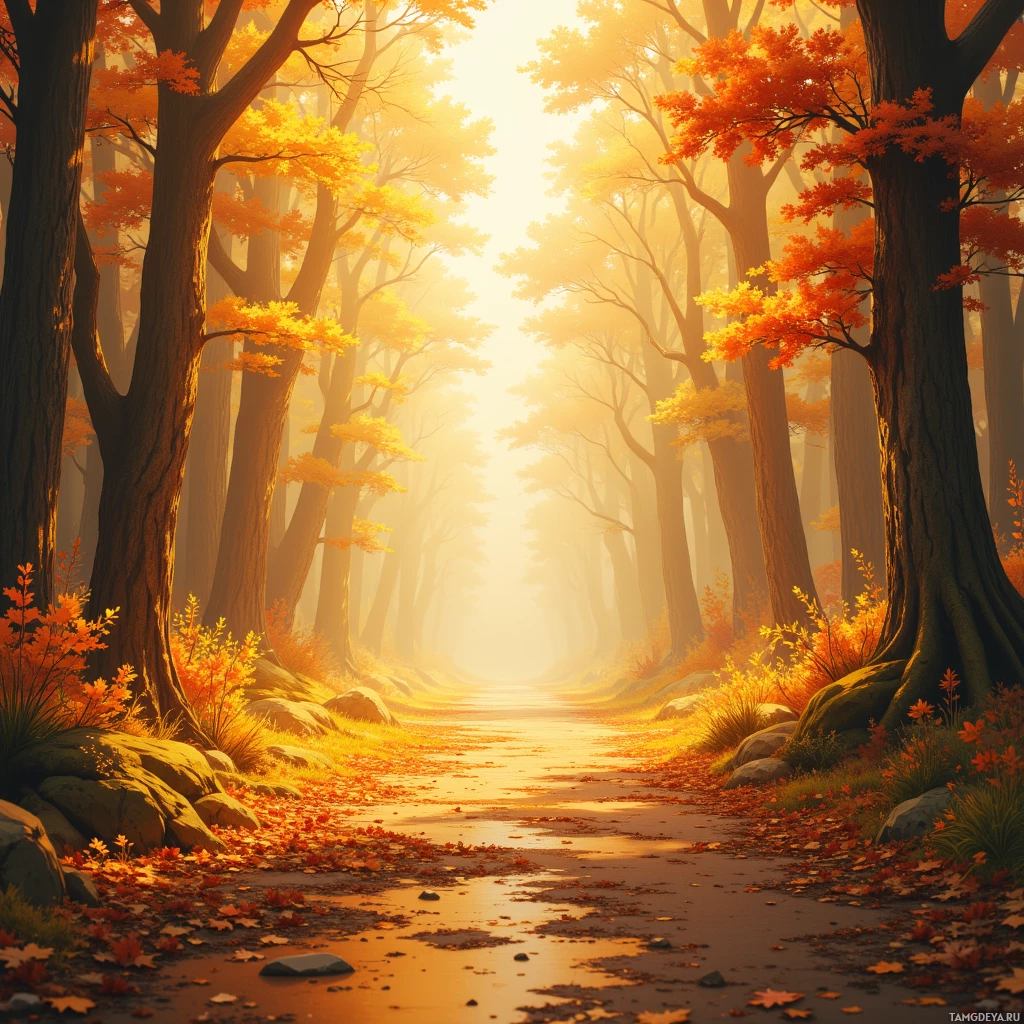 A serene autumn forest path bathed in golden sunlight.