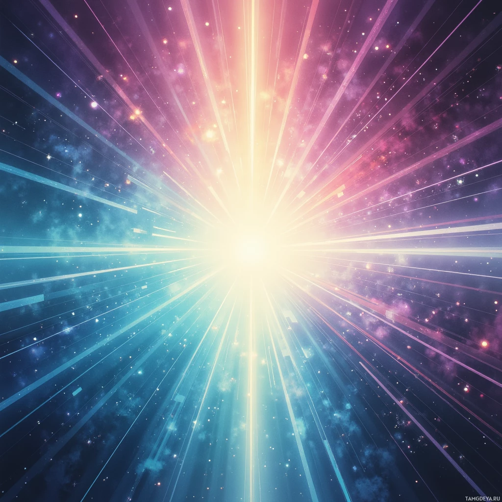 A vibrant cosmic scene with radiant beams of light and scattered stars.