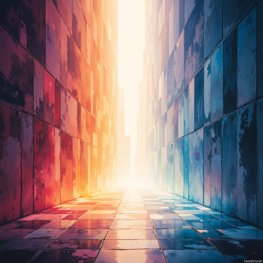 A corridor with colorful tiled walls and floor leading to a bright light at the end.