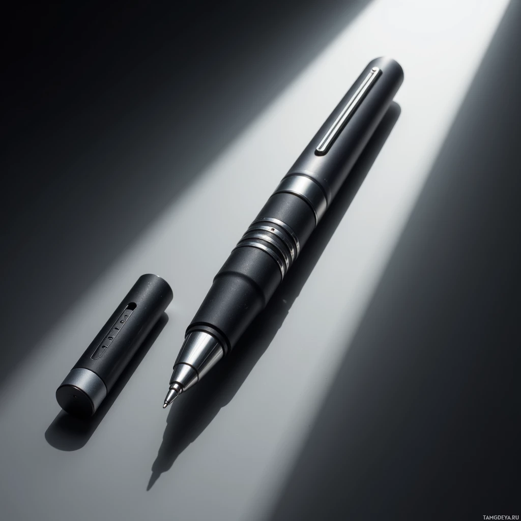 A sleek black pen with a metallic tip is shown in a minimalist setting with a spotlight effect.