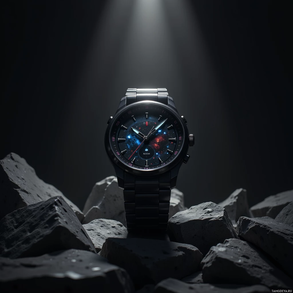 A sleek, black wristwatch with a cosmic-themed face is displayed against a dark, rocky background with dramatic lighting.