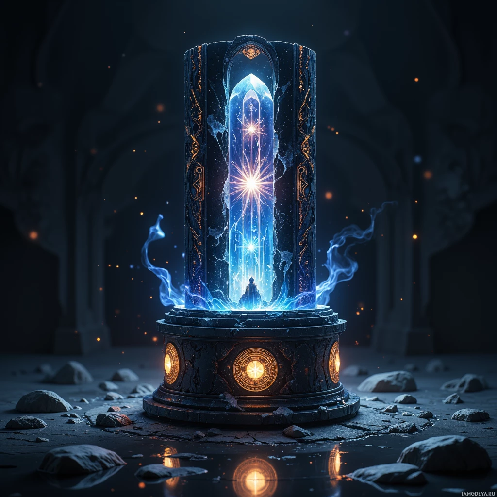 A glowing, ornate cylindrical structure emits light and energy, set against a dark, rocky environment.