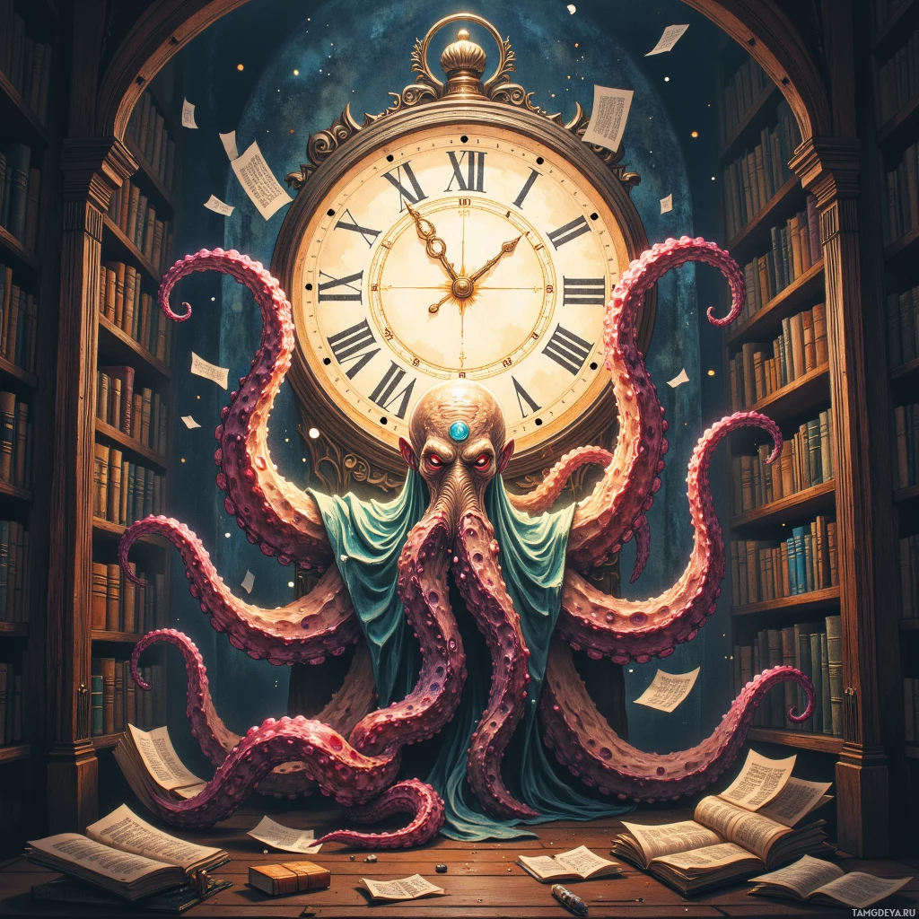 A fantastical scene featuring an octopus-like creature with tentacles emerging from a bookshelf, surrounded by books and a large ornate clock.