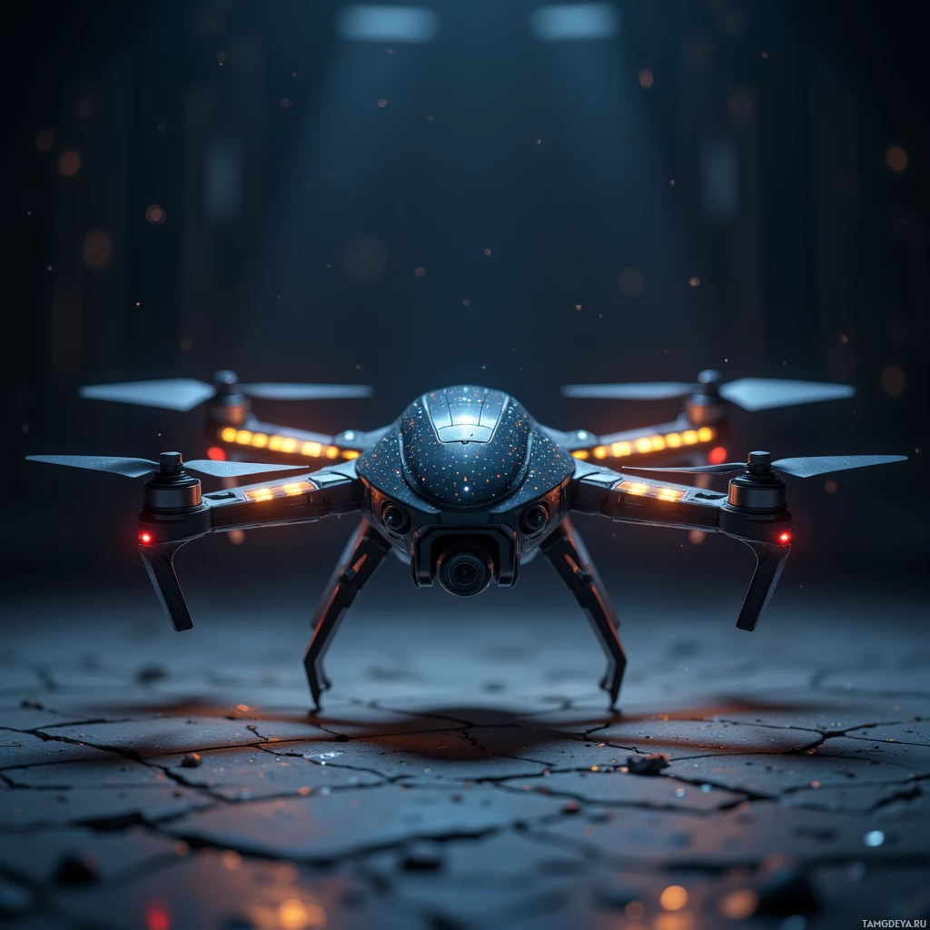 A futuristic drone with glowing lights and a camera is hovering above a cracked surface.