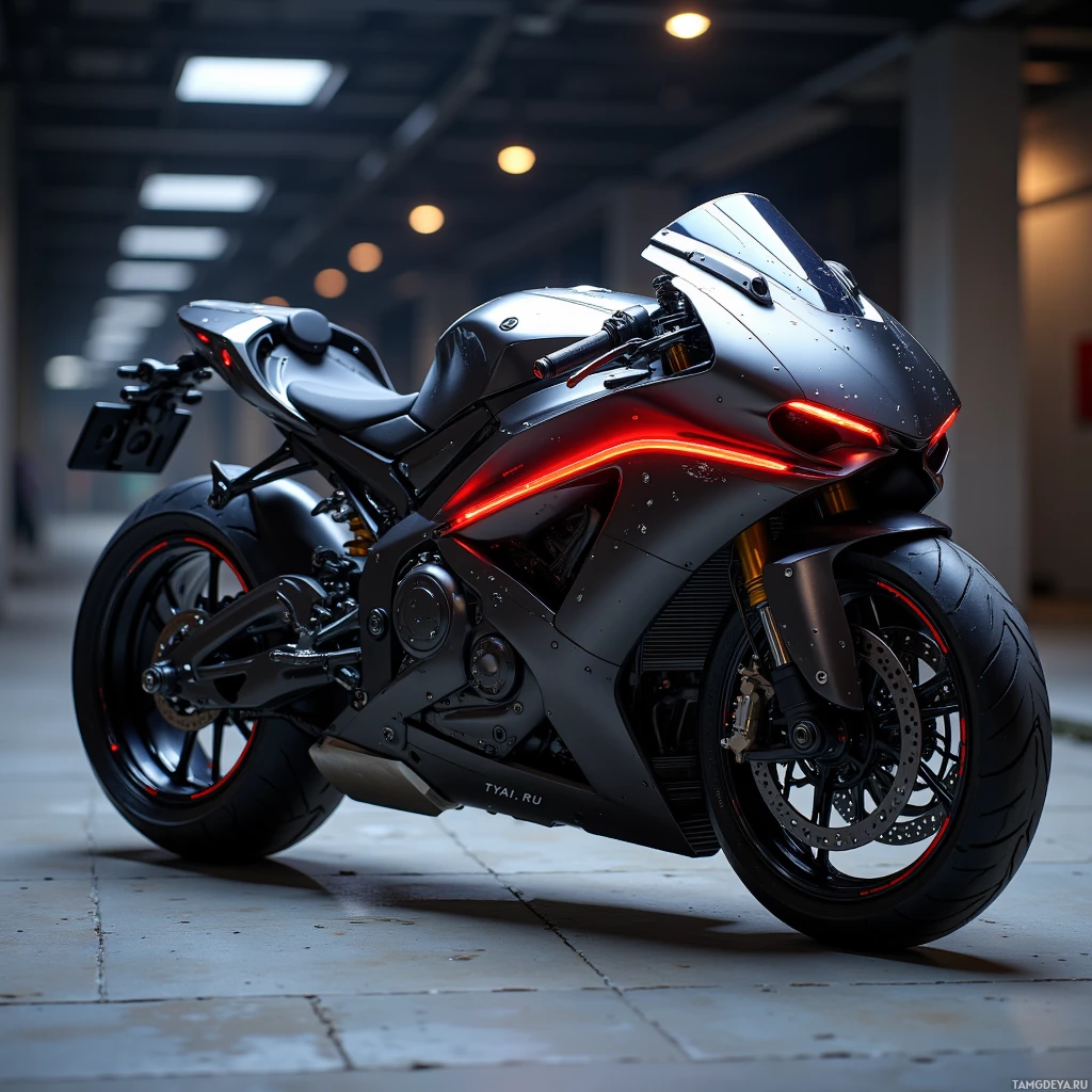 A sleek, modern motorcycle with a black and red design is parked indoors.
