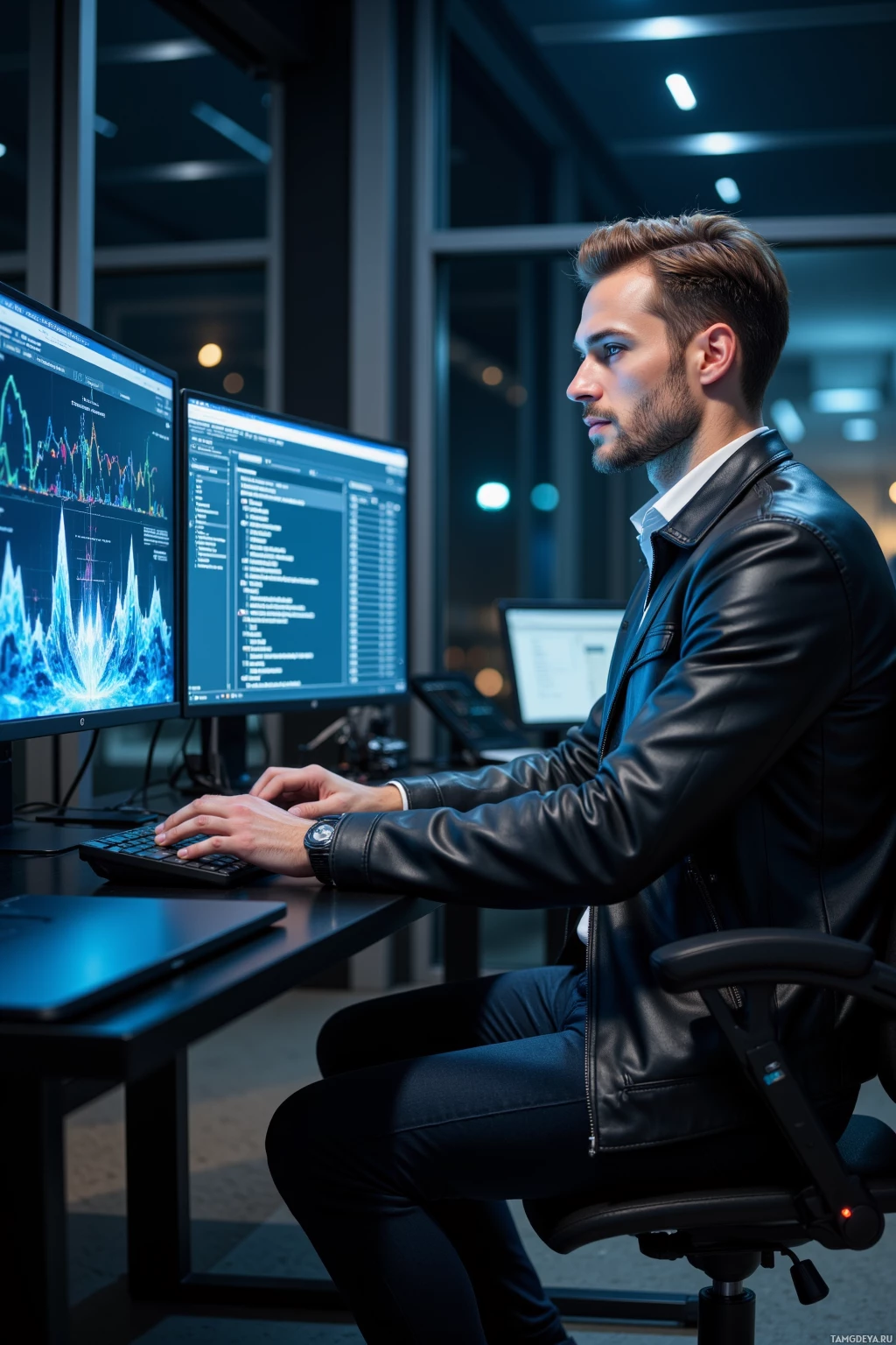 A man in a leather jacket works at a desk with multiple computer monitors displaying data and code.