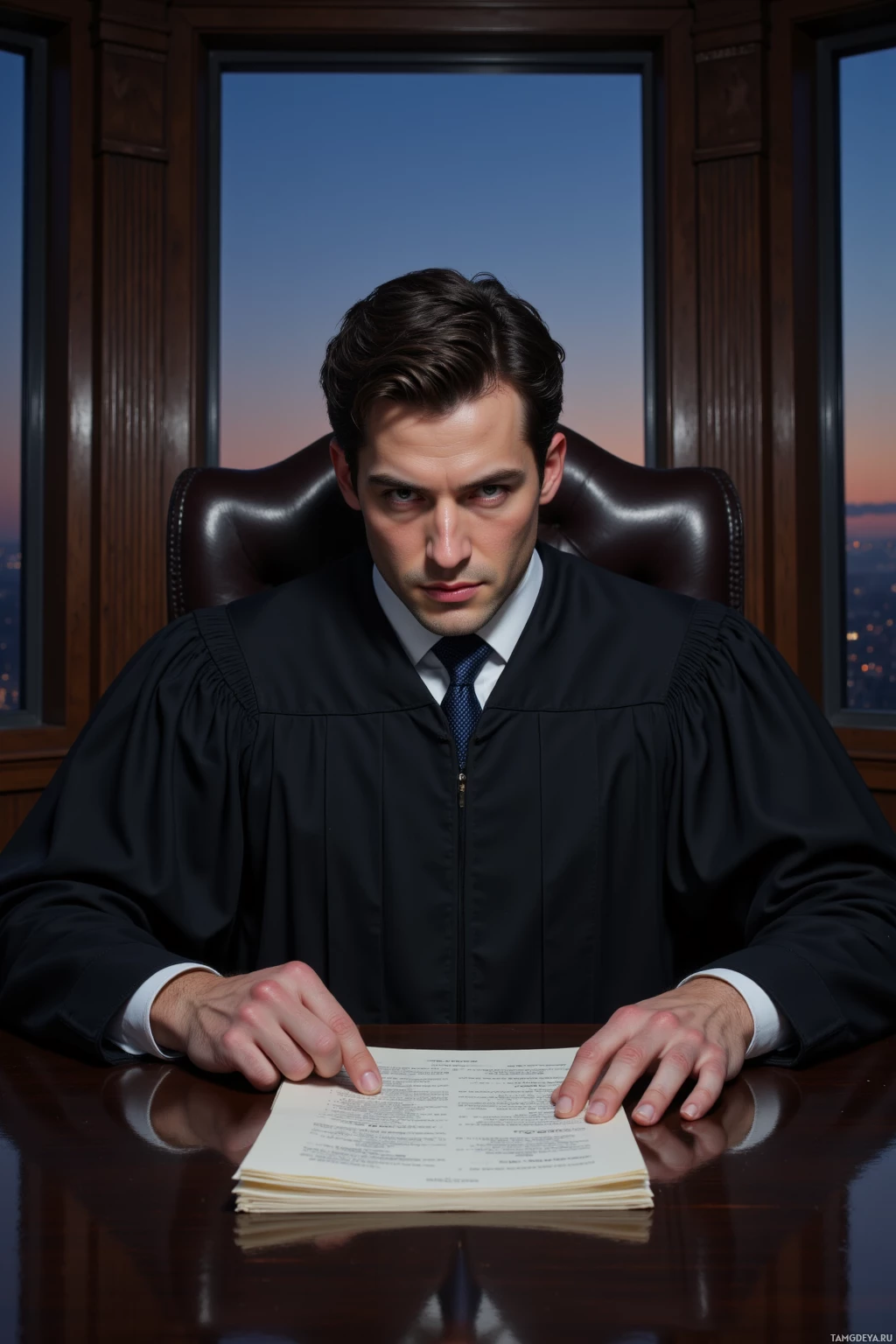 A person in a judge's robe sits at a desk with a stack of papers in front of them.